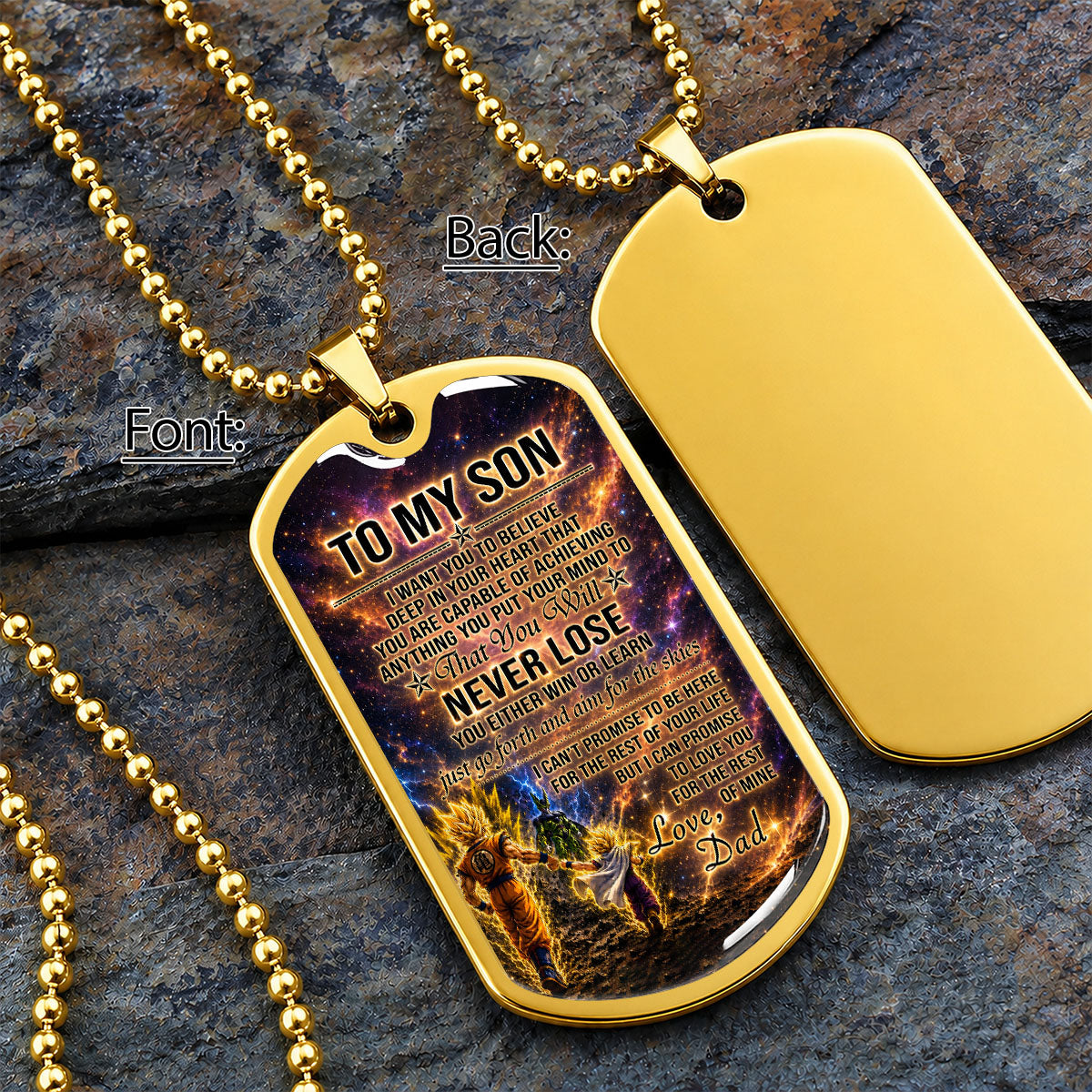 Personalized Dragon Ball Goku & Gohan Dog Tag Necklace - "To My Son From Dad" Stainless Steel Pendant - Meaningful Anime Gift for DBZ Fans - DRDL113