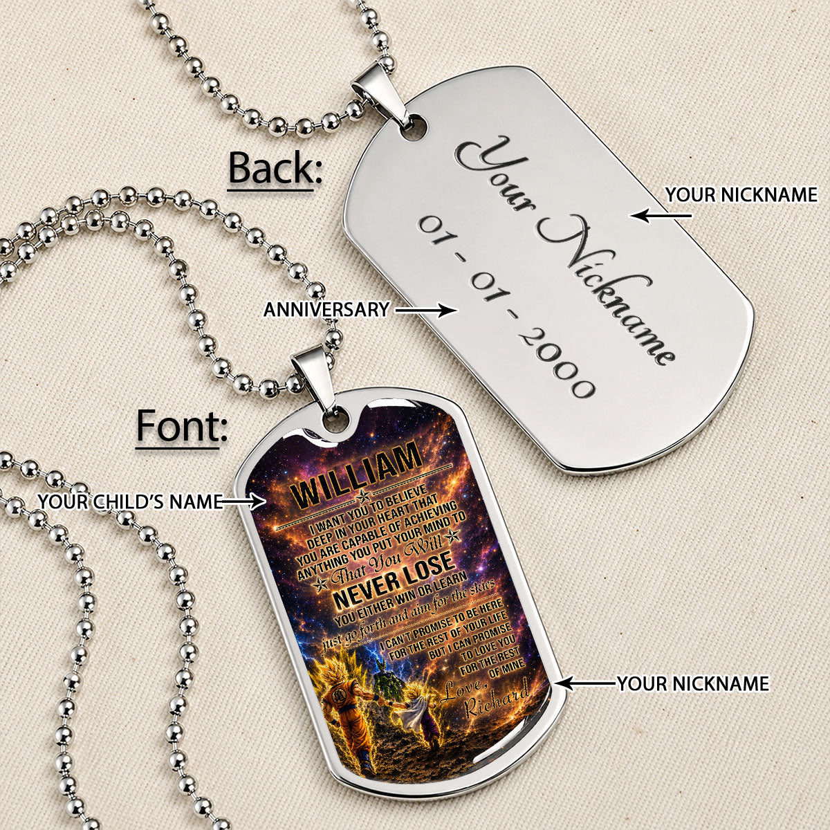 Personalized Dragon Ball Goku & Gohan Dog Tag Necklace - "To My Son From Dad" Stainless Steel Pendant - Meaningful Anime Gift for DBZ Fans - DRDL113