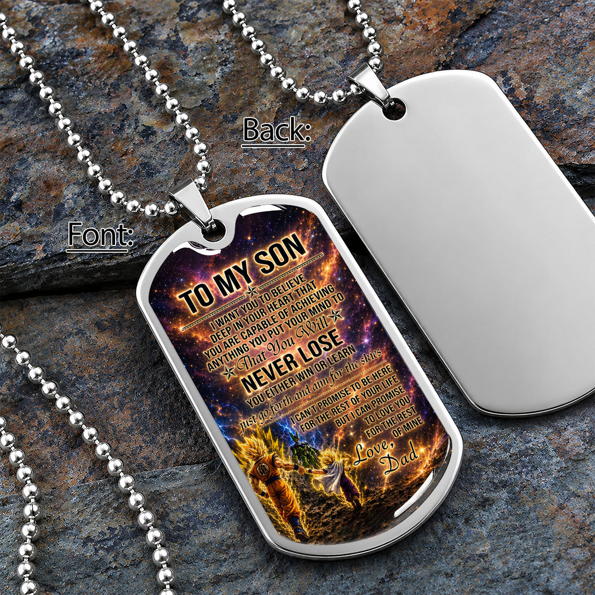 Personalized Dragon Ball Goku & Gohan Dog Tag Necklace - "To My Son From Dad" Stainless Steel Pendant - Meaningful Anime Gift for DBZ Fans - DRDL113