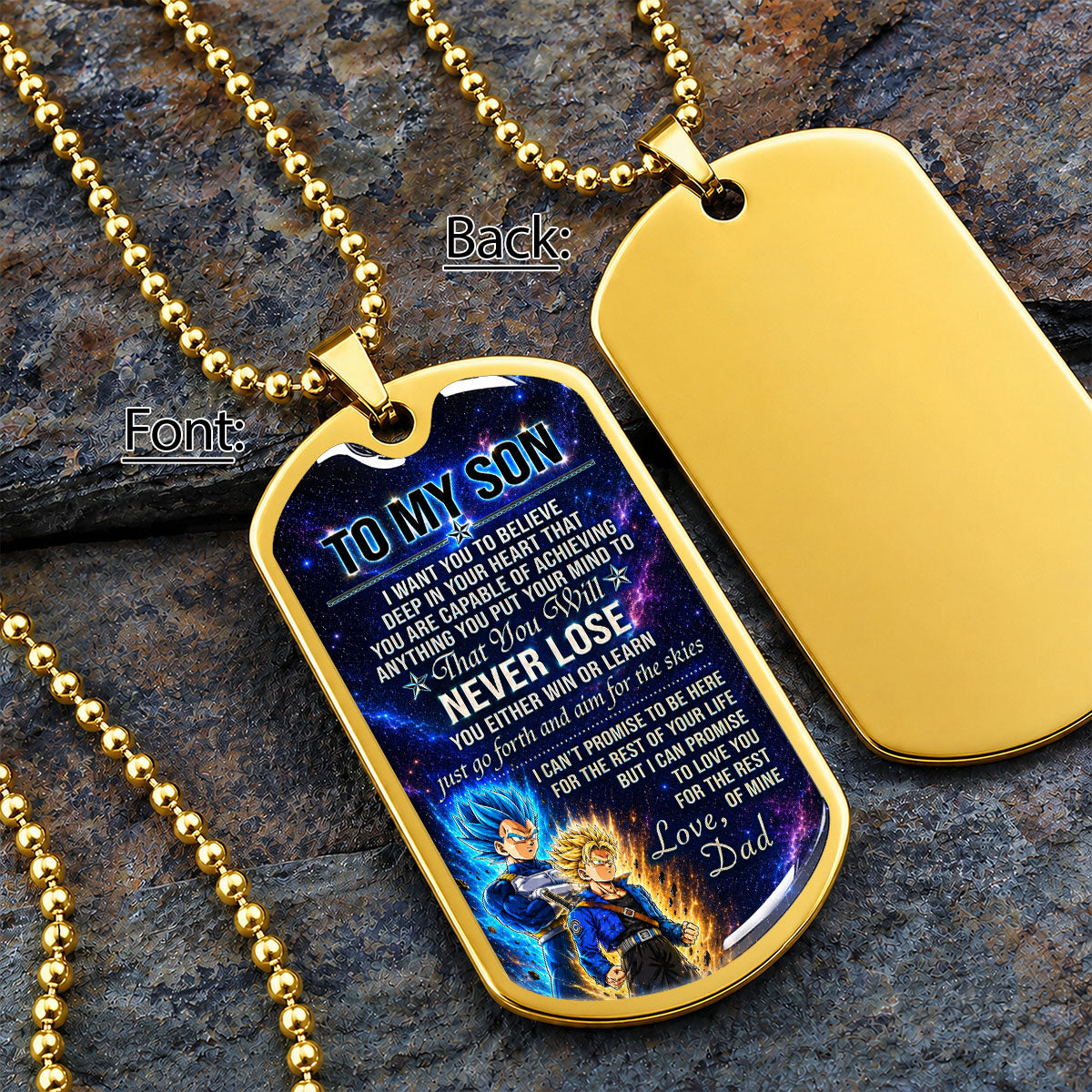 Personalized Dragon Ball Vegeta & Trunks Dog Tag Necklace - "To My Son From Dad" Stainless Steel Pendant - Meaningful Anime Gift for DBZ Fans - DRDL114