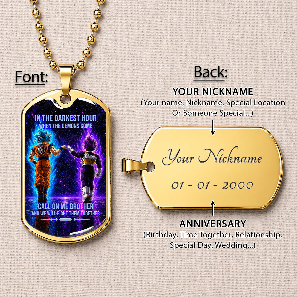 Custom Dragon Ball Goku & Vegeta Brother Dog Tag Necklace - Motivational Quote "Call On Me Brother"  Stainless Steel Pendant - Anime Gift for DBZ Fans - DRDL117