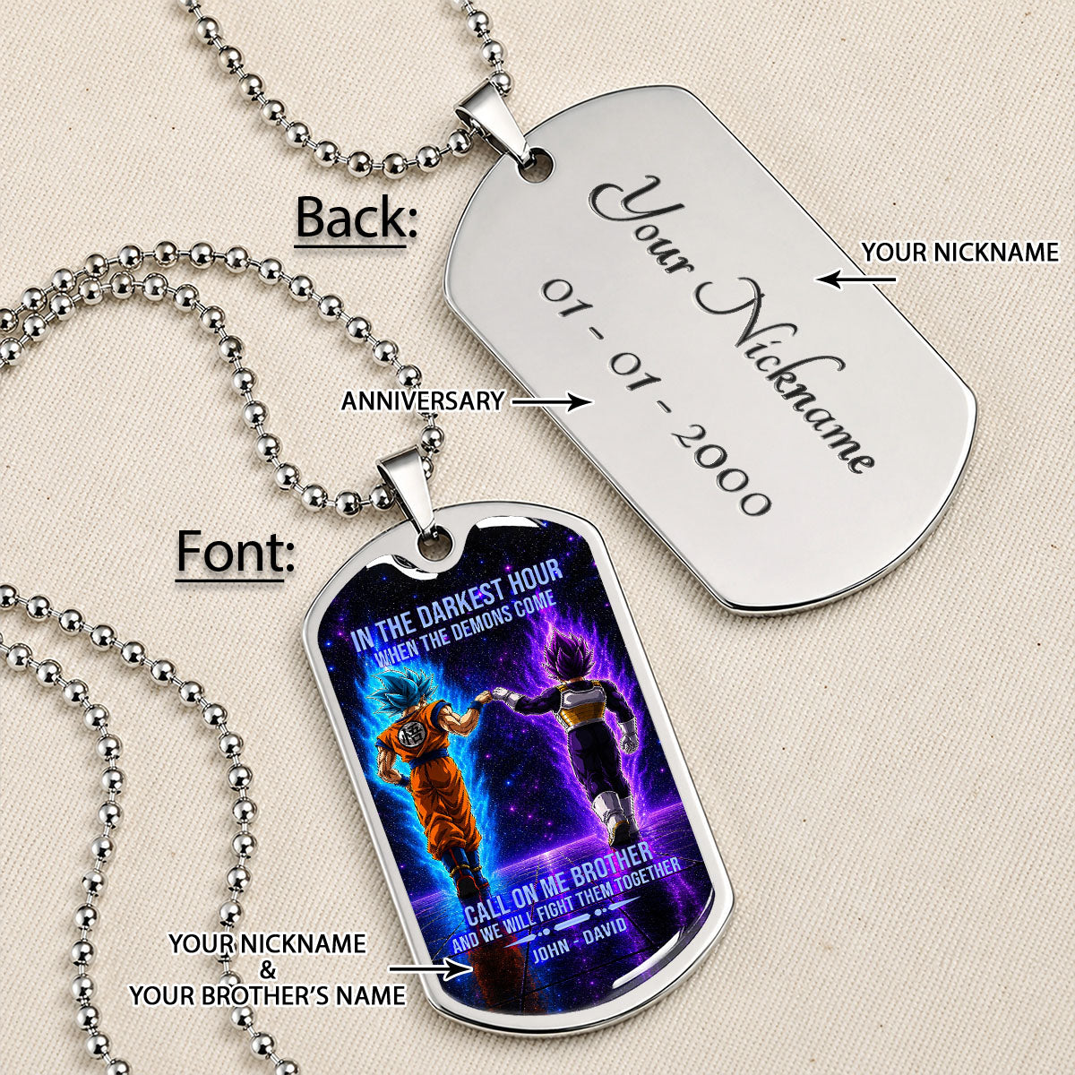 Custom Dragon Ball Goku & Vegeta Brother Dog Tag Necklace - Motivational Quote "Call On Me Brother"  Stainless Steel Pendant - Anime Gift for DBZ Fans - DRDL117