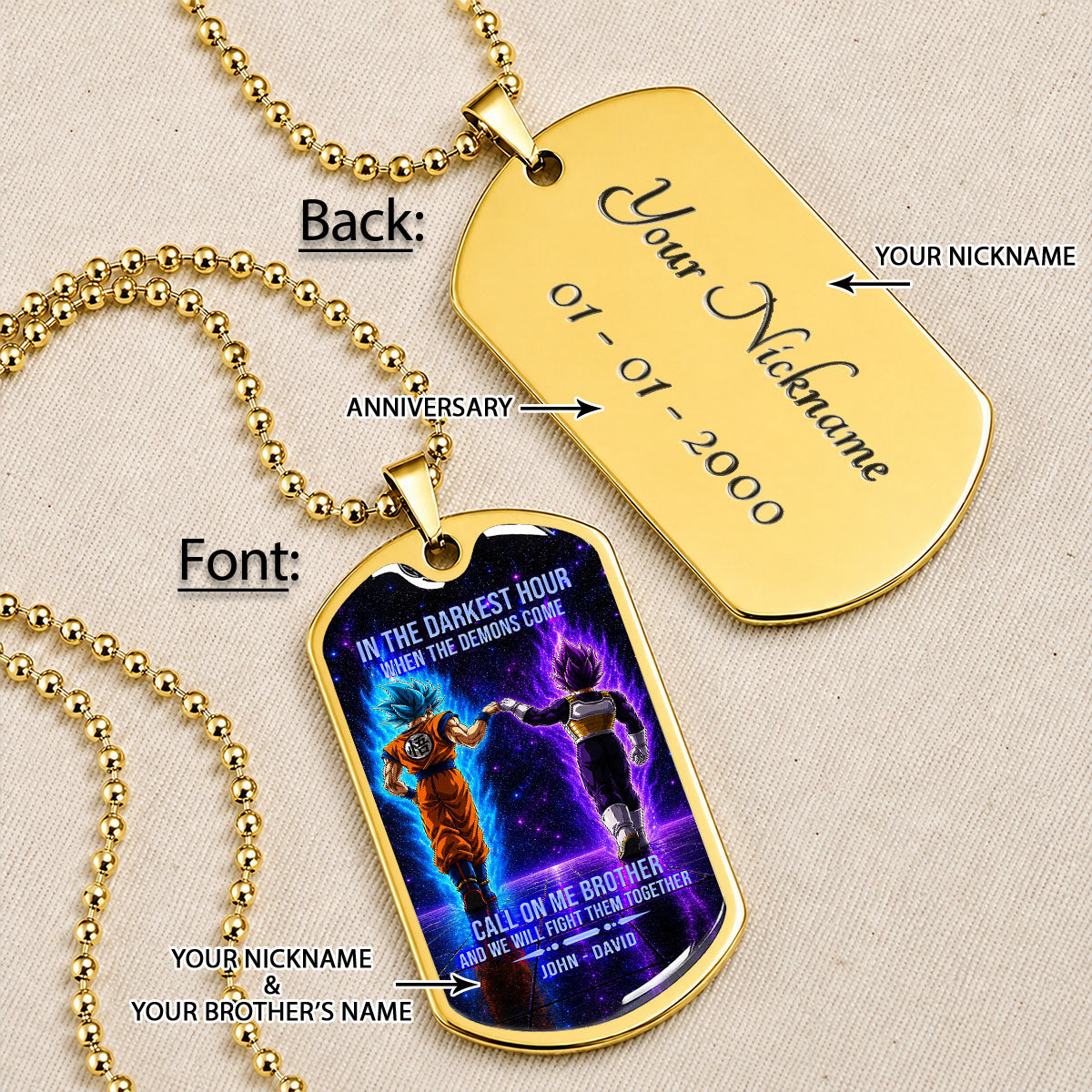 Custom Dragon Ball Goku & Vegeta Brother Dog Tag Necklace - Motivational Quote "Call On Me Brother"  Stainless Steel Pendant - Anime Gift for DBZ Fans - DRDL117