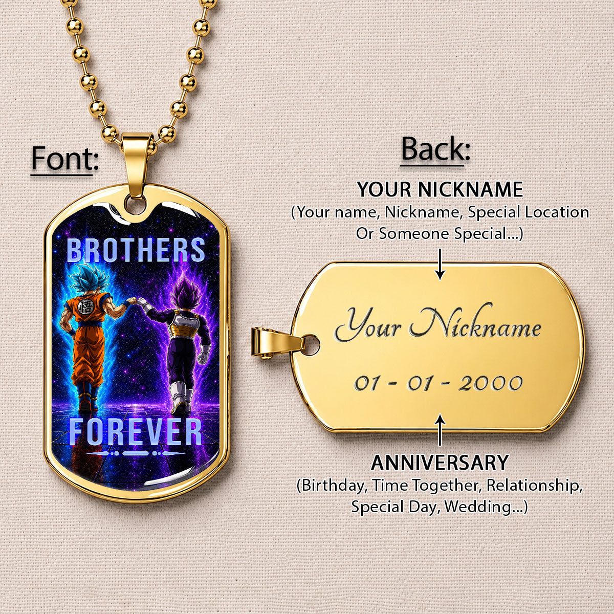 Custom Dragon Ball Goku & Vegeta Brother Dog Tag Necklace - Motivational Quote "Brothers Forever"  Stainless Steel Pendant - Anime Gift for DBZ Fans - DRDL118