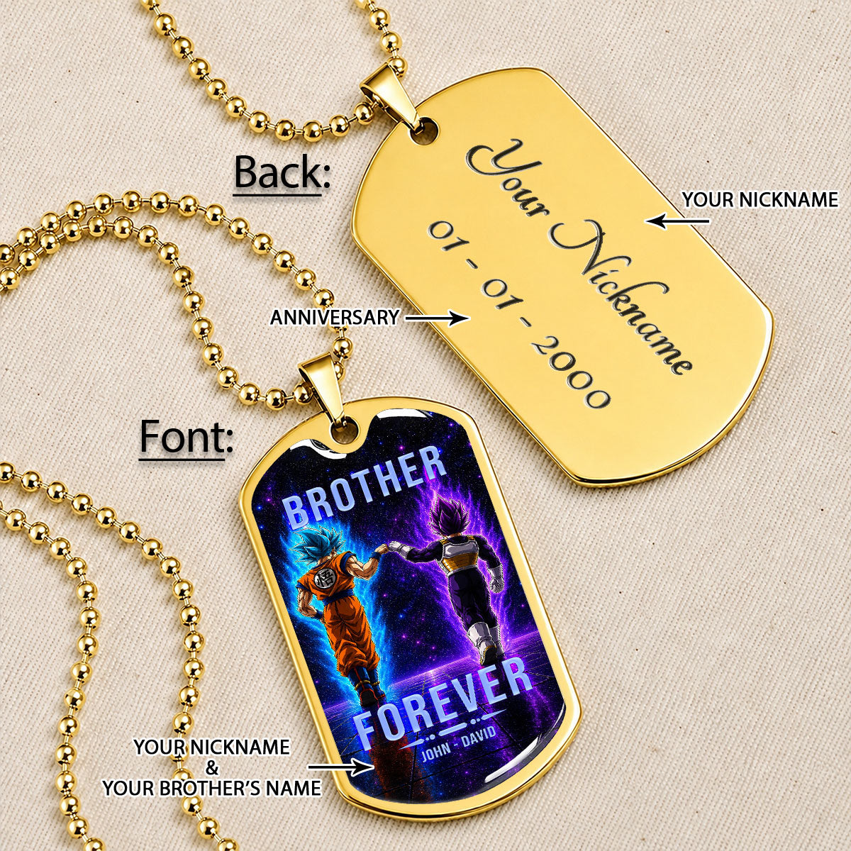 Custom Dragon Ball Goku & Vegeta Brother Dog Tag Necklace - Motivational Quote "Brothers Forever"  Stainless Steel Pendant - Anime Gift for DBZ Fans - DRDL119