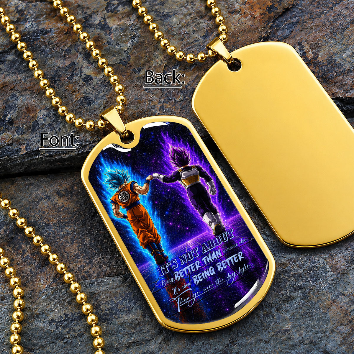 Custom Dragon Ball Goku & Vegeta Dog Tag Necklace - Motivational Quote "Being Better Than Yesterday" Stainless Steel Pendant - Anime Gift for DBZ Fans - DRDL121