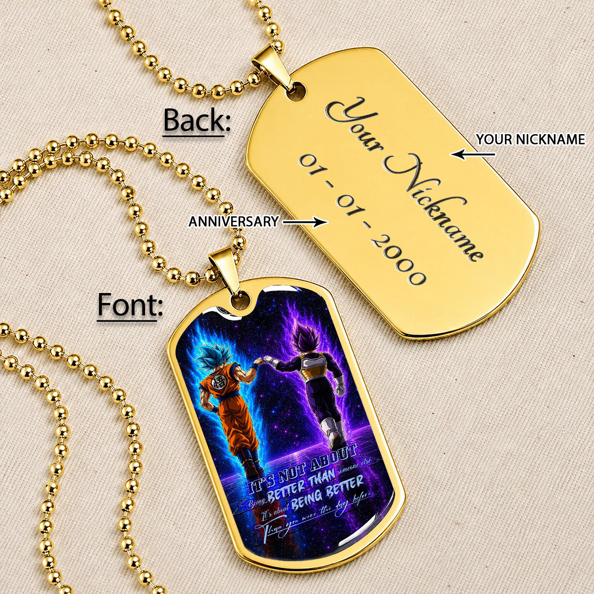 Custom Dragon Ball Goku & Vegeta Dog Tag Necklace - Motivational Quote "Being Better Than Yesterday" Stainless Steel Pendant - Anime Gift for DBZ Fans - DRDL121