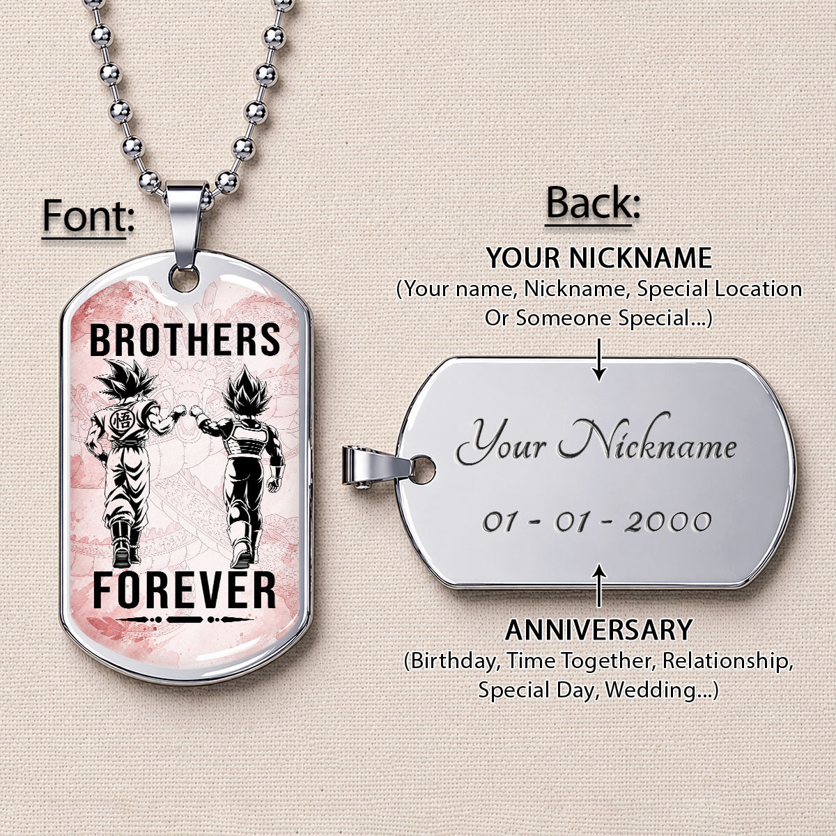 Custom Dragon Ball Goku & Vegeta Brother Dog Tag Necklace - Motivational Quote "Brothers Forever"  Stainless Steel Pendant - Anime Gift for DBZ Fans - DRDL126