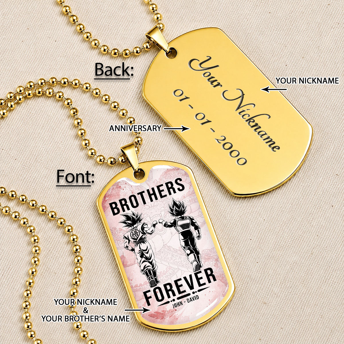 Custom Dragon Ball Goku & Vegeta Brother Dog Tag Necklace - Motivational Quote "Brothers Forever"  Stainless Steel Pendant - Anime Gift for DBZ Fans - DRDL126