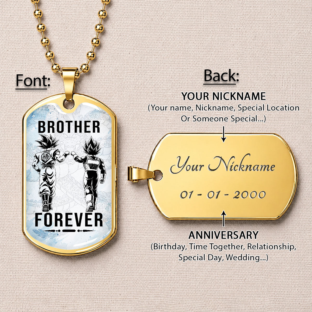 Custom Dragon Ball Goku & Vegeta Brother Dog Tag Necklace - Motivational Quote "Brother Forever"  Stainless Steel Pendant - Anime Gift for DBZ Fans - DRDL127