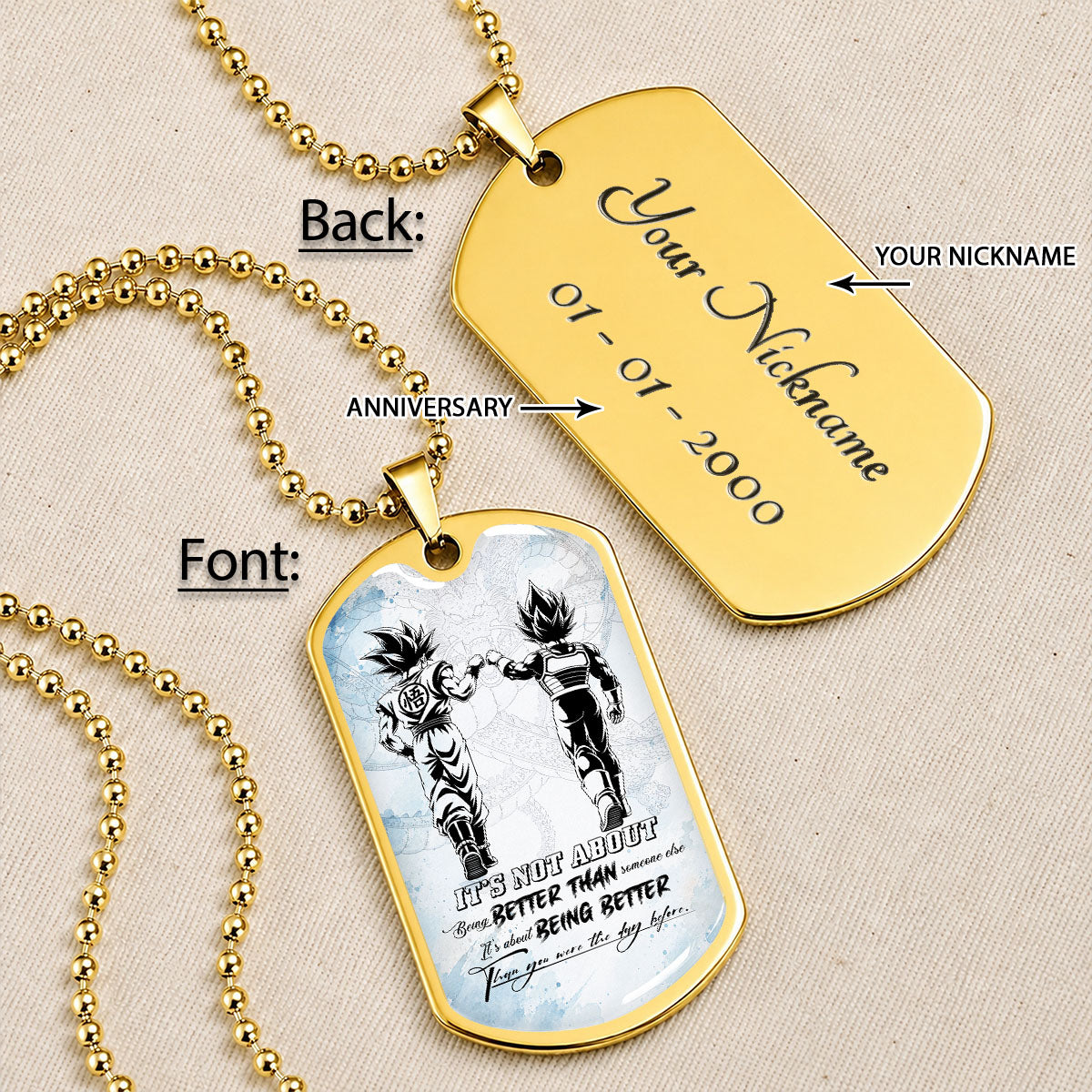 Custom Dragon Ball Goku & Vegeta Dog Tag Necklace - Motivational Quote "Being Better Than Yesterday" Stainless Steel Pendant - Anime Gift for DBZ Fans - DRDL129