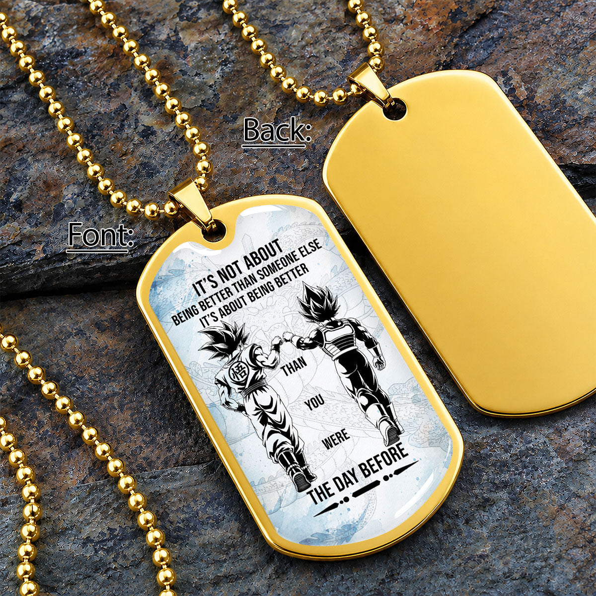 Custom Dragon Ball Goku & Vegeta Dog Tag Necklace - Motivational Quote "Being Better Than Yesterday" Stainless Steel Pendant - Anime Gift for DBZ Fans - DRDL130
