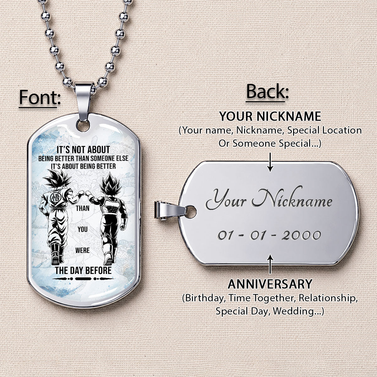 Custom Dragon Ball Goku & Vegeta Dog Tag Necklace - Motivational Quote "Being Better Than Yesterday" Stainless Steel Pendant - Anime Gift for DBZ Fans - DRDL130