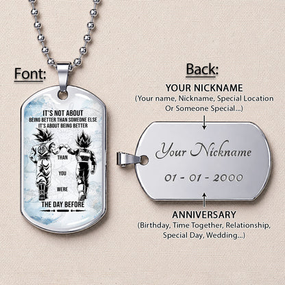 Custom Dragon Ball Goku & Vegeta Dog Tag Necklace - Motivational Quote "Being Better Than Yesterday" Stainless Steel Pendant - Anime Gift for DBZ Fans - DRDL130