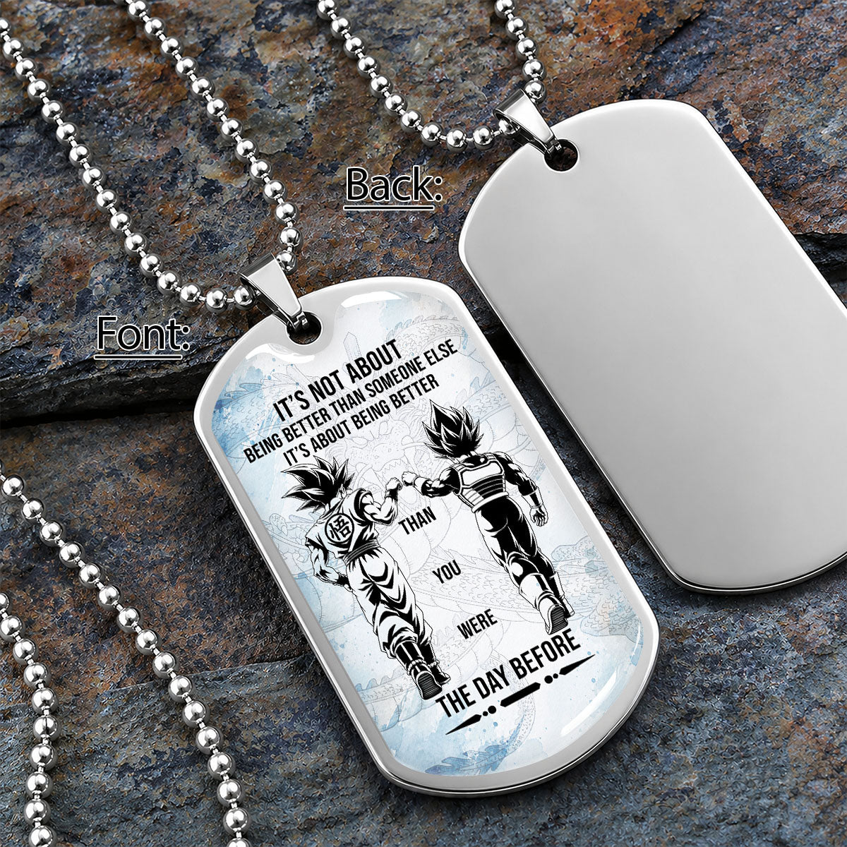 Custom Dragon Ball Goku & Vegeta Dog Tag Necklace - Motivational Quote "Being Better Than Yesterday" Stainless Steel Pendant - Anime Gift for DBZ Fans - DRDL130