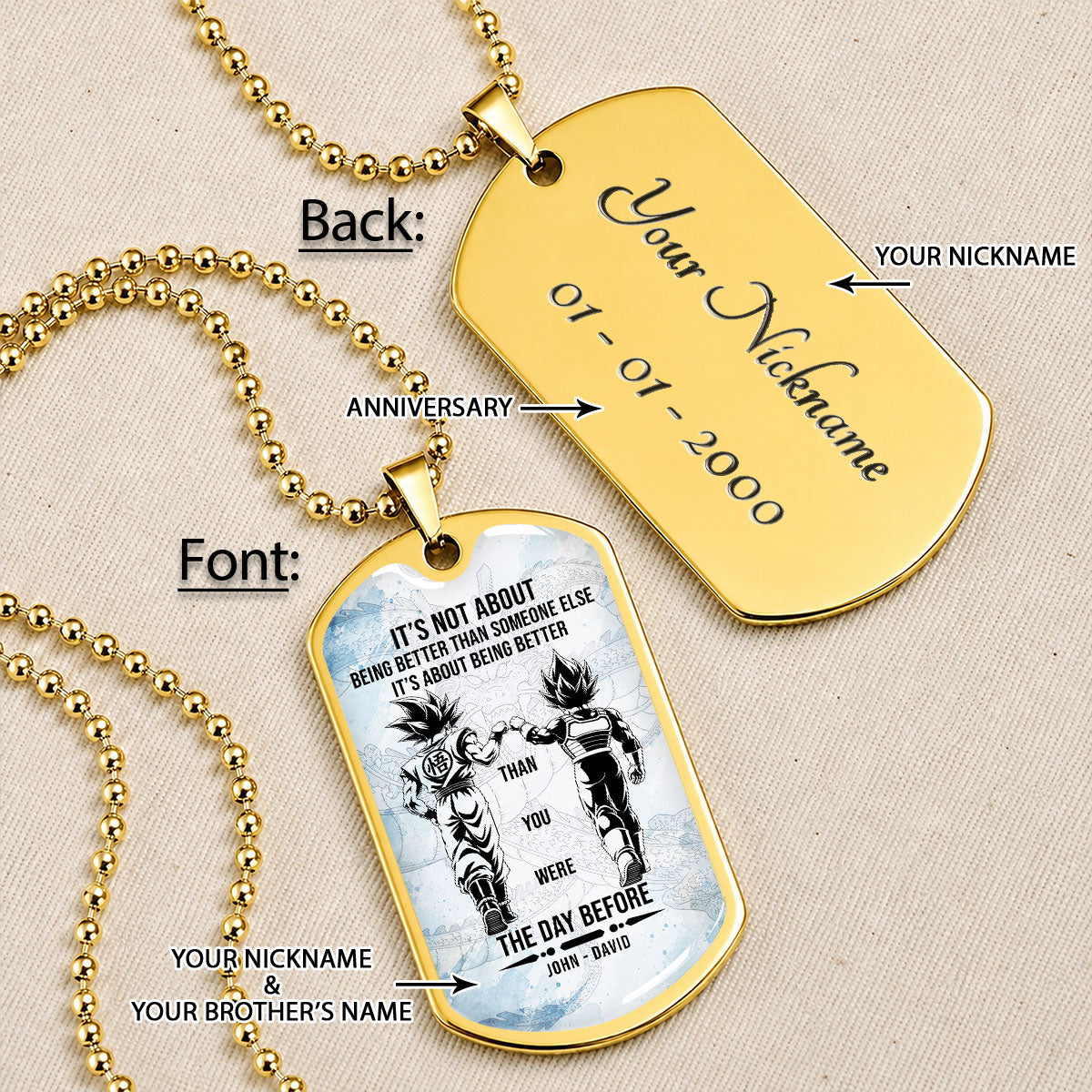 Dragon Ball Dog Tag Necklace - DRDL130 - Goku - Vegeta - Being Better Than Yesterday - Military Ball Chain