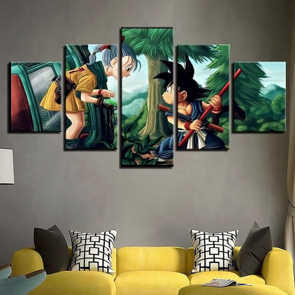 Dragon Ball Z Bulma and Kid Goku Canvas Wall Art - 5 Piece Split Panel Anime Poster - Framed Ready to Hang Living Room Man Cave Decor - DR5182