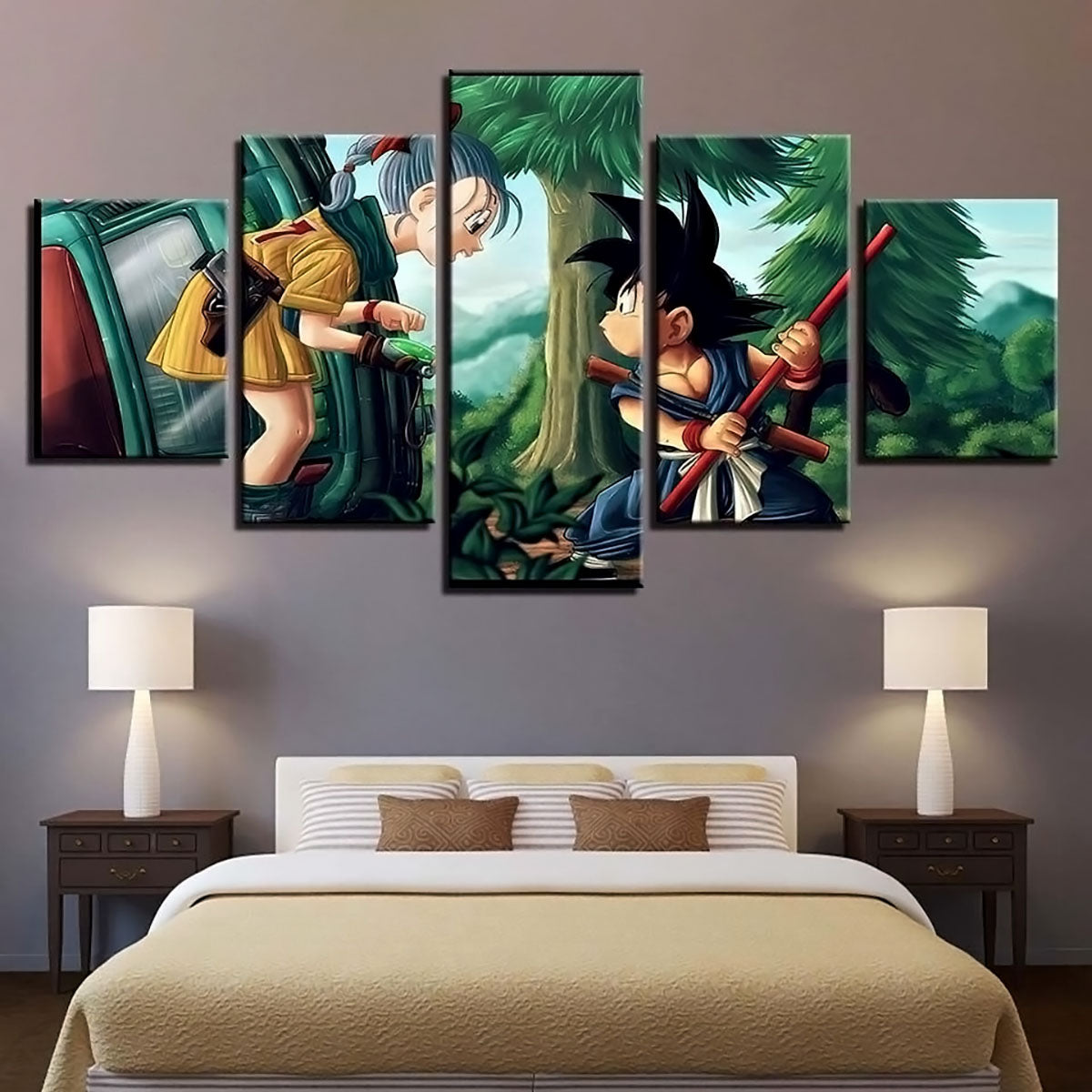 Dragon Ball Z Bulma and Kid Goku Canvas Wall Art - 5 Piece Split Panel Anime Poster - Framed Ready to Hang Living Room Man Cave Decor - DR5182