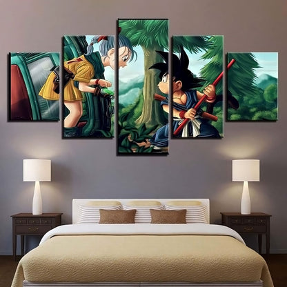 Dragon Ball Z Bulma and Kid Goku Canvas Wall Art - 5 Piece Split Panel Anime Poster - Framed Ready to Hang Living Room Man Cave Decor - DR5182