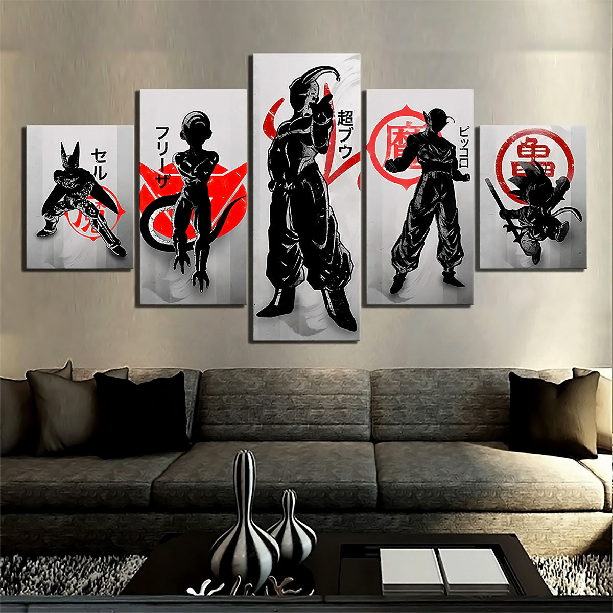 Dragon Ball Z Cell Frieza Majin Buu Piccolo Canvas Wall Art - 5 Piece Split Panel Anime Poster - Framed Ready to Hang Home Man Cave Decor - DR5169