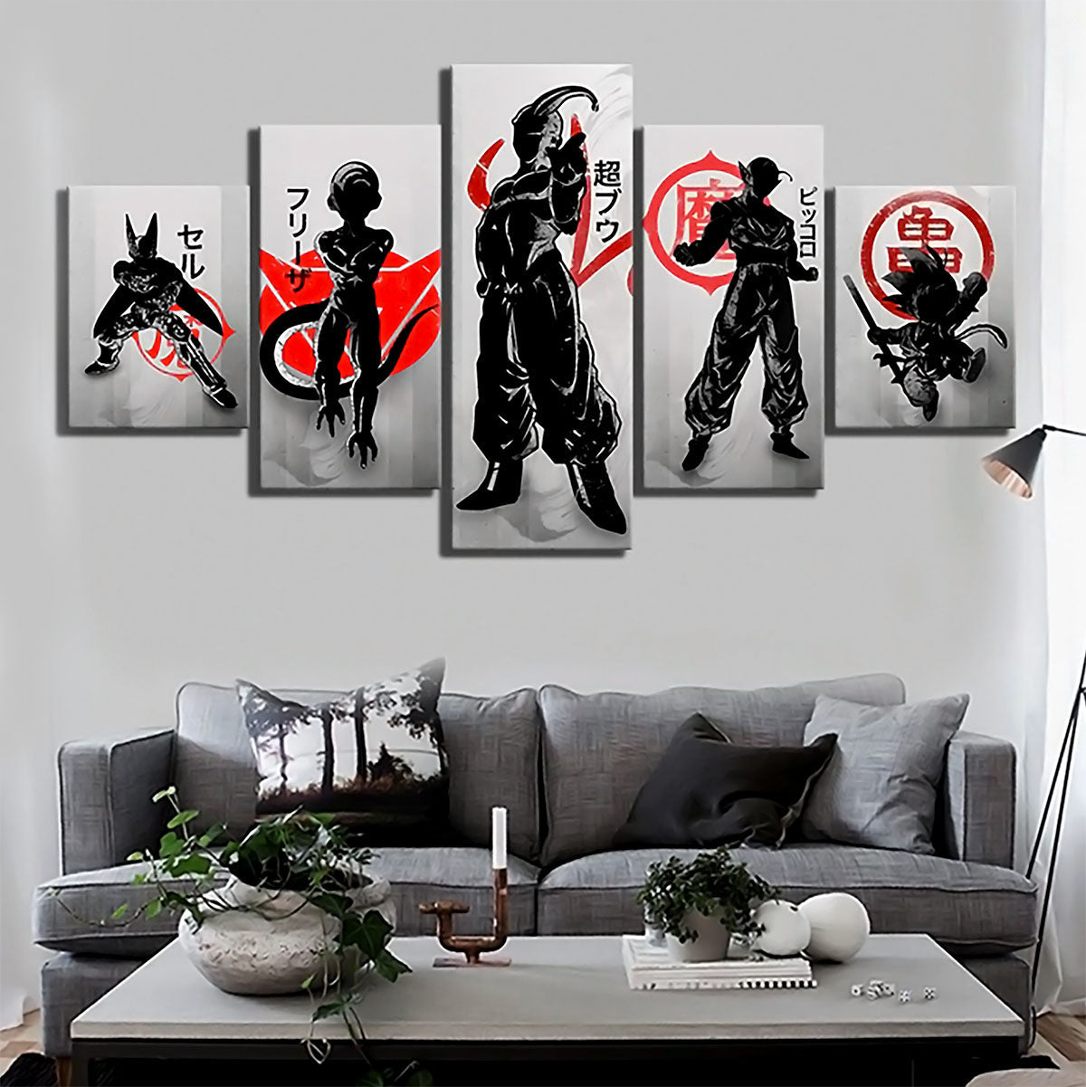 Dragon Ball Z Cell Frieza Majin Buu Piccolo Canvas Wall Art - 5 Piece Split Panel Anime Poster - Framed Ready to Hang Home Man Cave Decor - DR5169