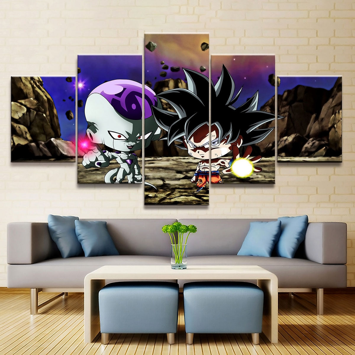 Dragon Ball Super Ultra Instinct Goku & Frieza Canvas Wall Art - 5 Piece Split Panel DBZ Anime Poster - Ready to Hang Home Man Cave Decor - DR5181