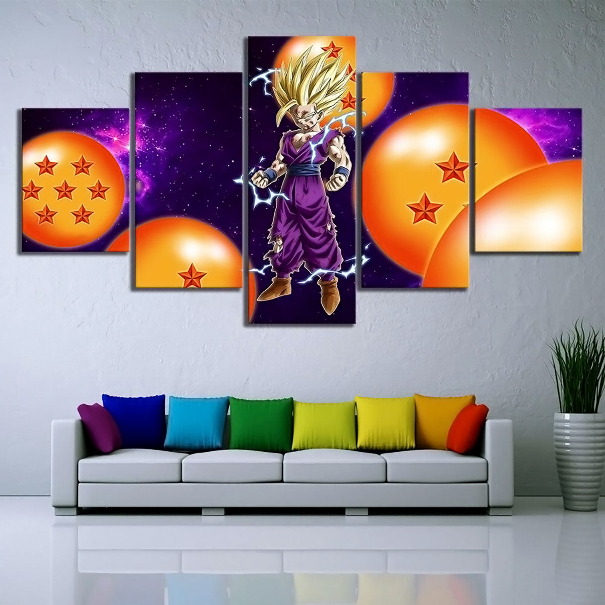 Dragon Ball Z Super Saiyan Gohan Canvas Wall Art - 5 Piece Split Panel Anime Poster - Framed Ready to Hang Living Room Man Cave Decor - DR5172