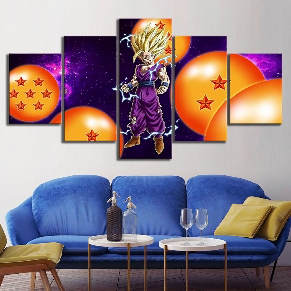 Dragon Ball Z Super Saiyan Gohan Canvas Wall Art - 5 Piece Split Panel Anime Poster - Framed Ready to Hang Living Room Man Cave Decor - DR5172