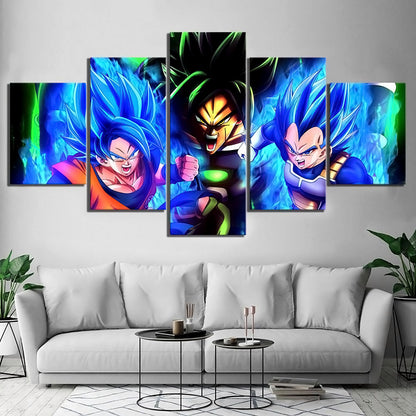 Dragon Ball Super Goku Vegeta vs Broly Canvas Wall Art - 5 Piece Split Panel DBZ Anime Poster - Framed Ready to Hang Home Man Cave Decor - DR5177