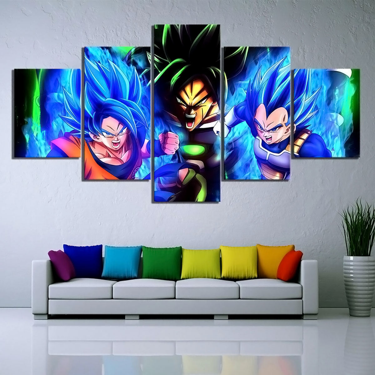Dragon Ball Super Goku Vegeta vs Broly Canvas Wall Art - 5 Piece Split Panel DBZ Anime Poster - Framed Ready to Hang Home Man Cave Decor - DR5177