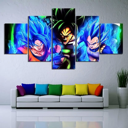 Dragon Ball Super Goku Vegeta vs Broly Canvas Wall Art - 5 Piece Split Panel DBZ Anime Poster - Framed Ready to Hang Home Man Cave Decor - DR5177