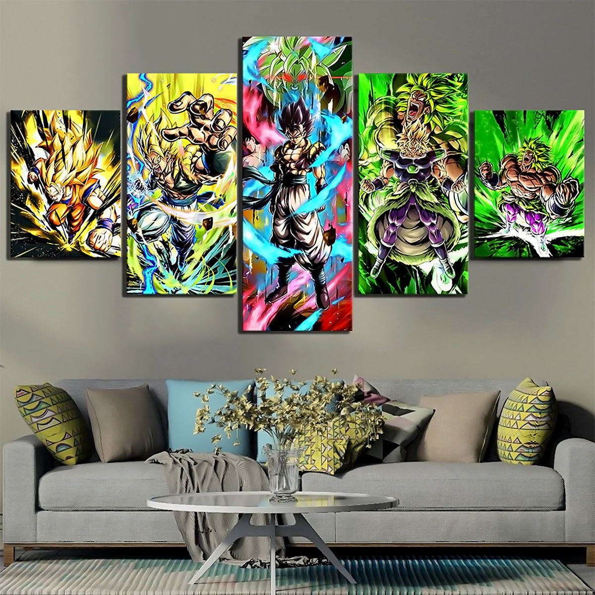 Dragon Ball Z Vegito & Broly Unleashed Canvas Wall Art - 5 Piece Split Panel Anime Poster - Framed Ready to Hang Living Room Man Cave Decor - DR5167