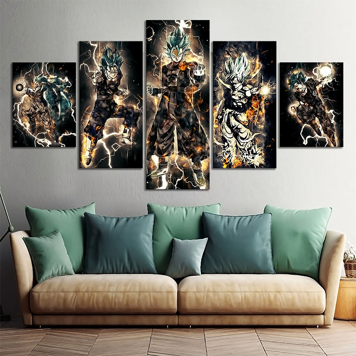 Dragon Ball Super Saiyan Blue Vegito Canvas Wall Art - 5 Piece Split Panel DBZ Anime Poster - Framed Ready to Hang Living Room Man Cave Decor - DR5168