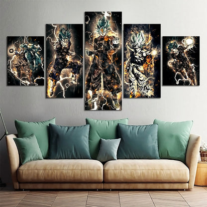 Dragon Ball Super Saiyan Blue Vegito Canvas Wall Art - 5 Piece Split Panel DBZ Anime Poster - Framed Ready to Hang Living Room Man Cave Decor - DR5168
