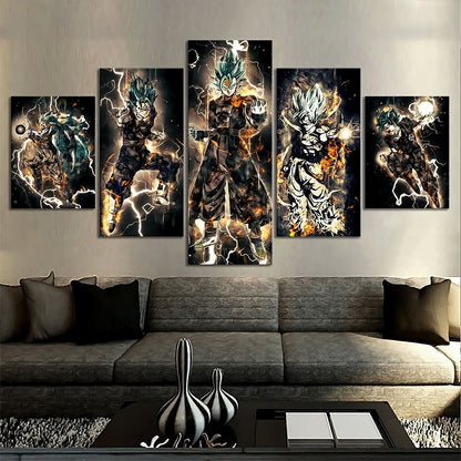 Dragon Ball Super Saiyan Blue Vegito Canvas Wall Art - 5 Piece Split Panel DBZ Anime Poster - Framed Ready to Hang Living Room Man Cave Decor - DR5168