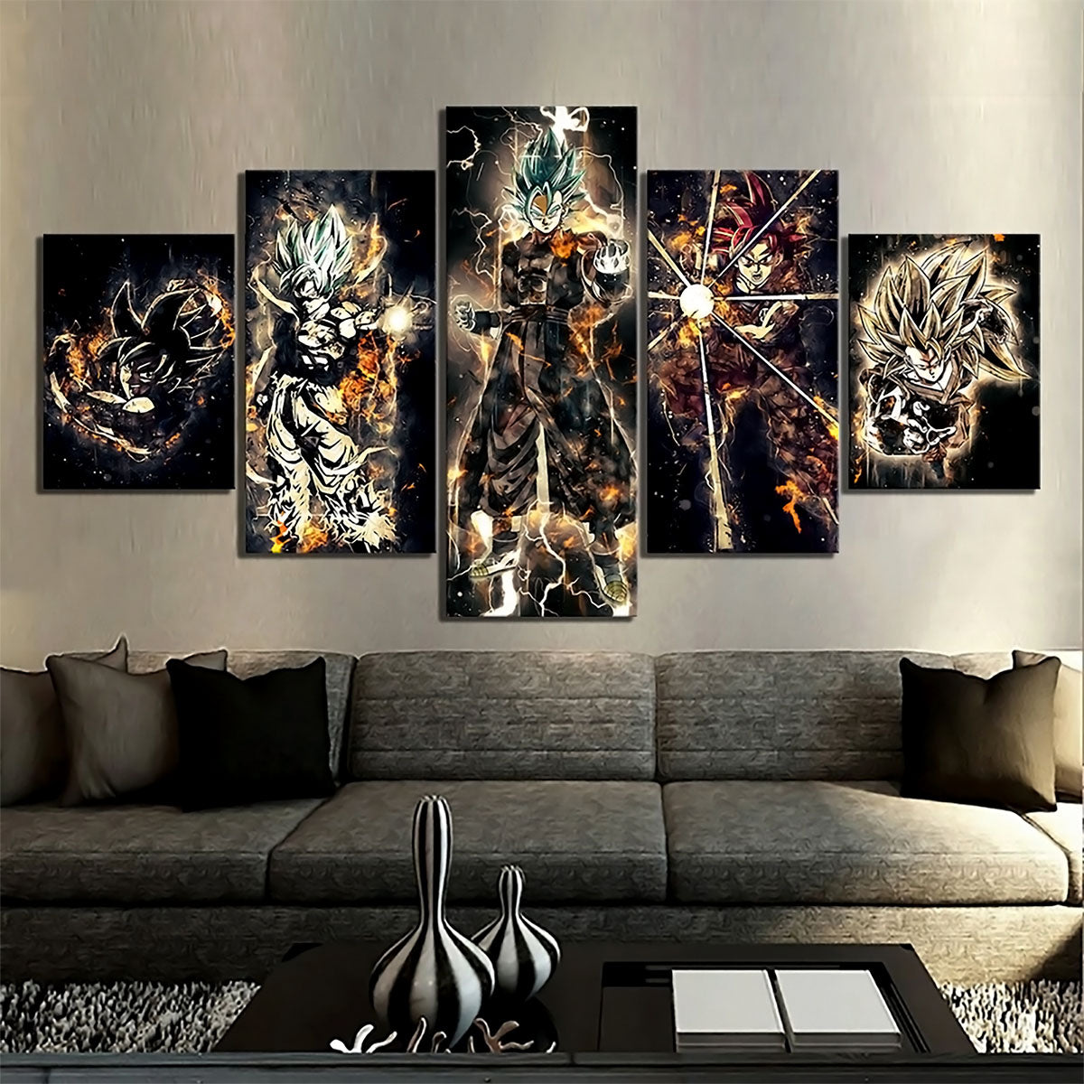 Dragon Ball Super Saiyan Blue Vegito Canvas Wall Art - 5 Piece Split Panel DBZ Anime Poster - Framed Ready to Hang Living Room Man Cave Decor - DR5170