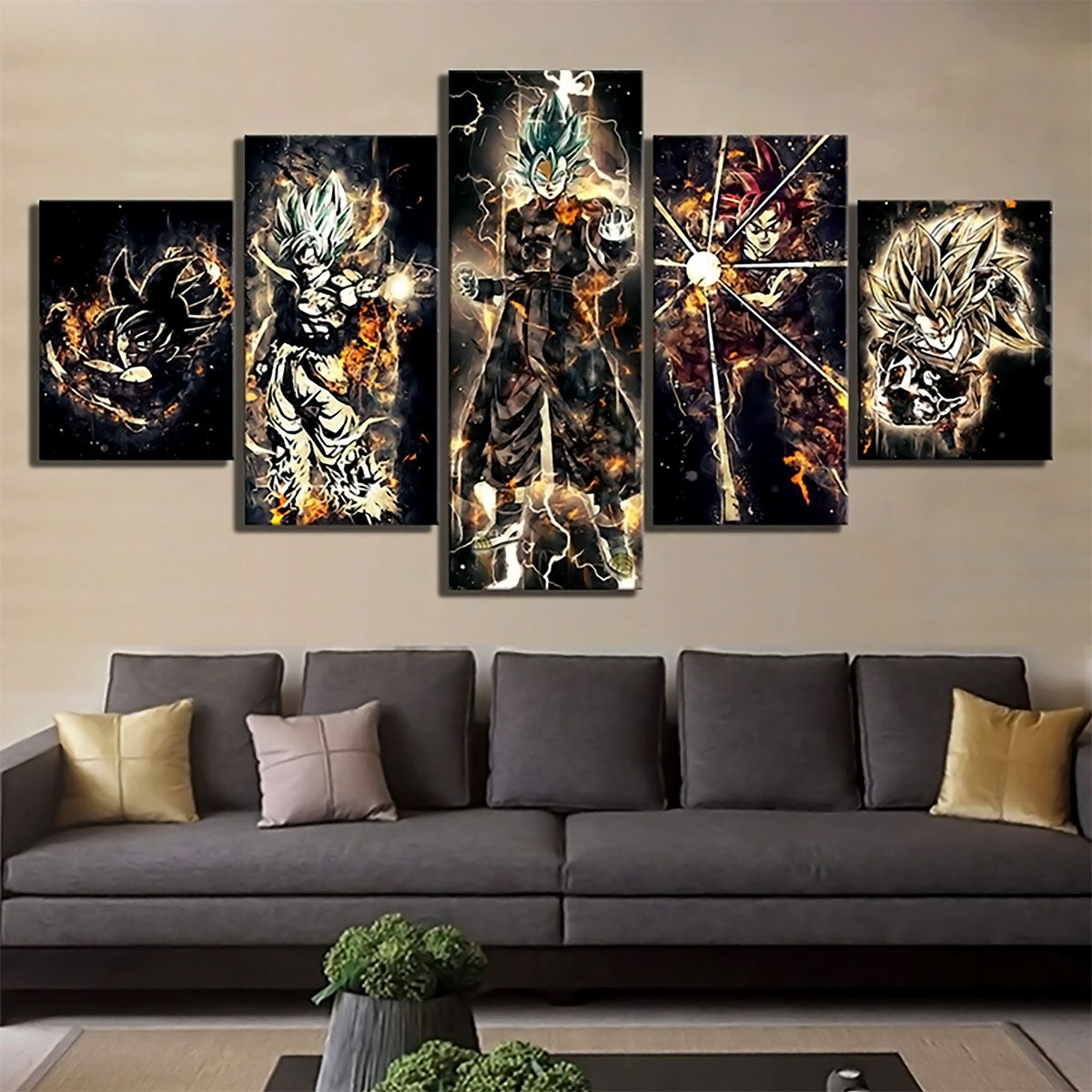 Dragon Ball Super Saiyan Blue Vegito Canvas Wall Art - 5 Piece Split Panel DBZ Anime Poster - Framed Ready to Hang Living Room Man Cave Decor - DR5170