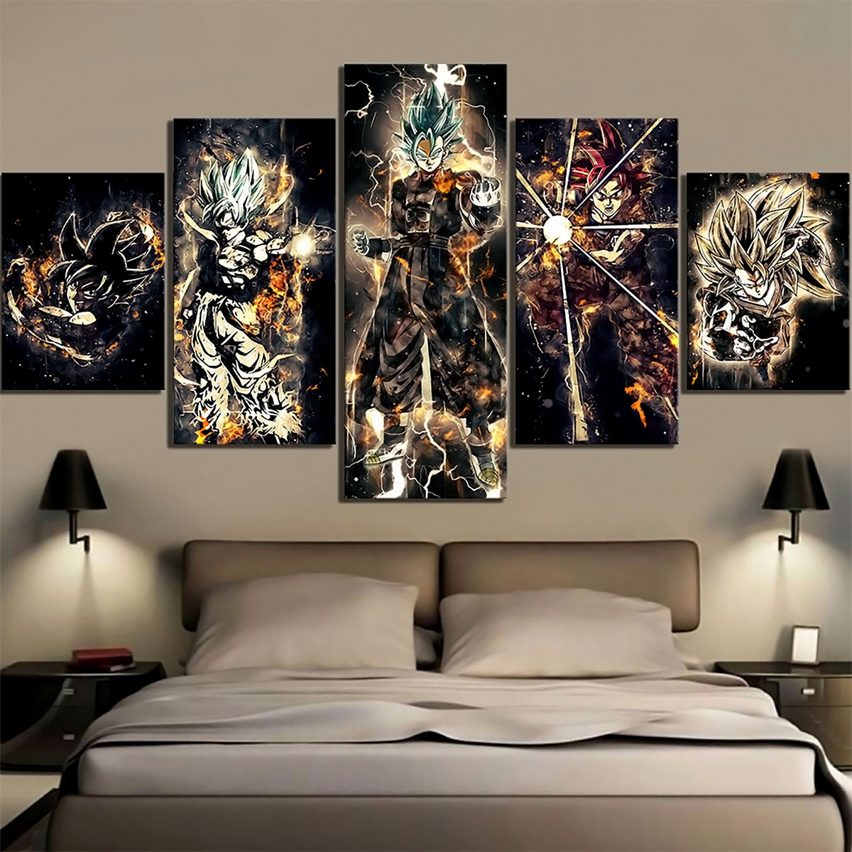 Dragon Ball Super Saiyan Blue Vegito Canvas Wall Art - 5 Piece Split Panel DBZ Anime Poster - Framed Ready to Hang Living Room Man Cave Decor - DR5170