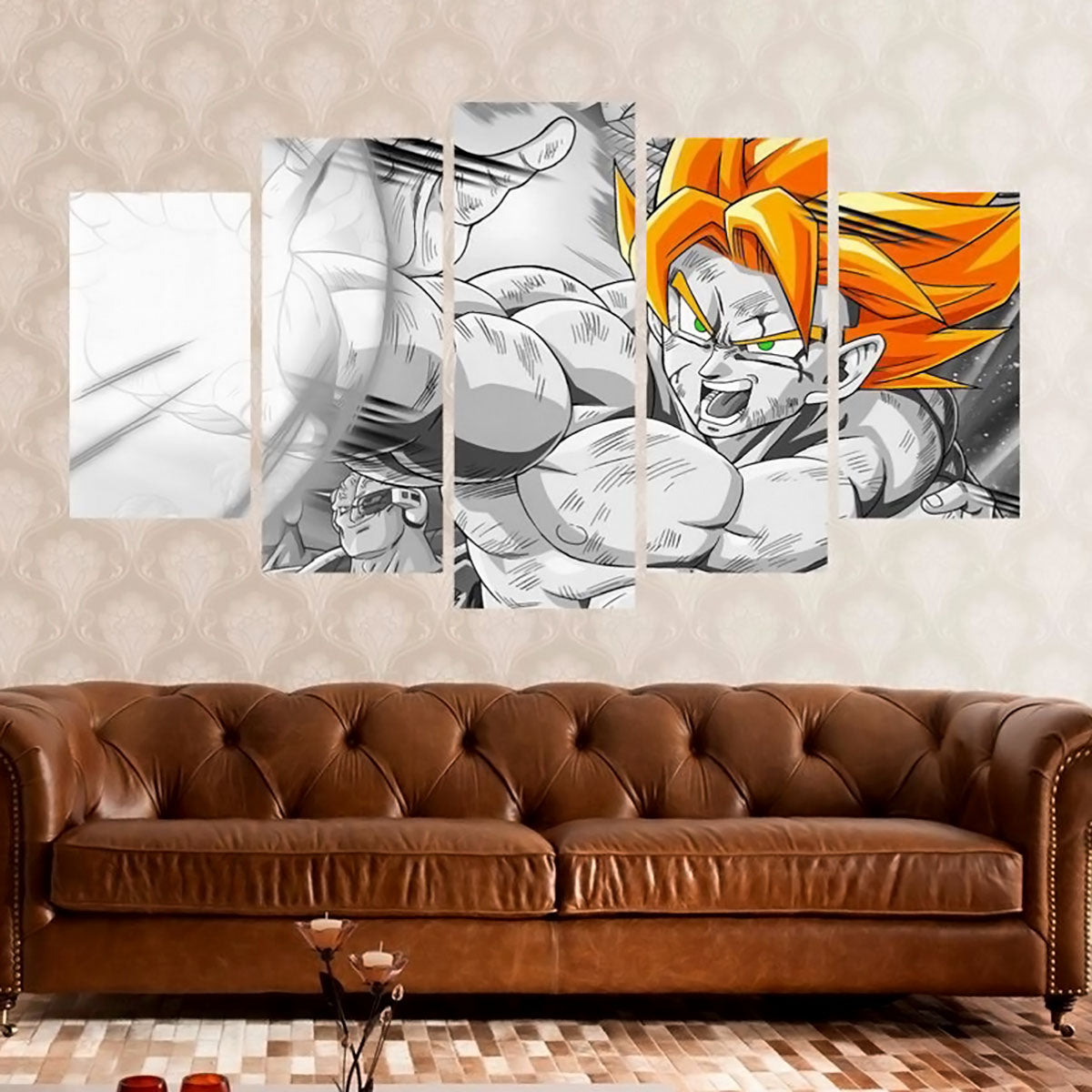 Dragon Ball Z Super Saiyan Goku Canvas Wall Art - 5 Piece Split Panel Anime Poster - Framed Ready to Hang Living Room Man Cave Decor - DR5164