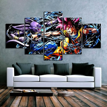 Dragon Ball Super Saiyan God Goku vs Beerus Canvas Wall Art - 5 Piece Split Panel DBZ Anime Poster - Framed Ready to Hang Home Man Cave Decor - DR5174