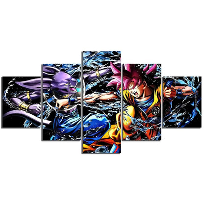 Dragon Ball Super Saiyan God Goku vs Beerus Canvas Wall Art - 5 Piece Split Panel DBZ Anime Poster - Framed Ready to Hang Home Man Cave Decor - DR5174