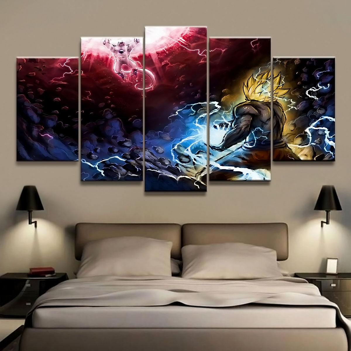 Dragon Ball Z Goku vs Frieza Namek Saga Canvas Wall Art - 5 Piece Split Panel Anime Poster - Framed Ready to Hang Living Room Man Cave Decor - DR5171