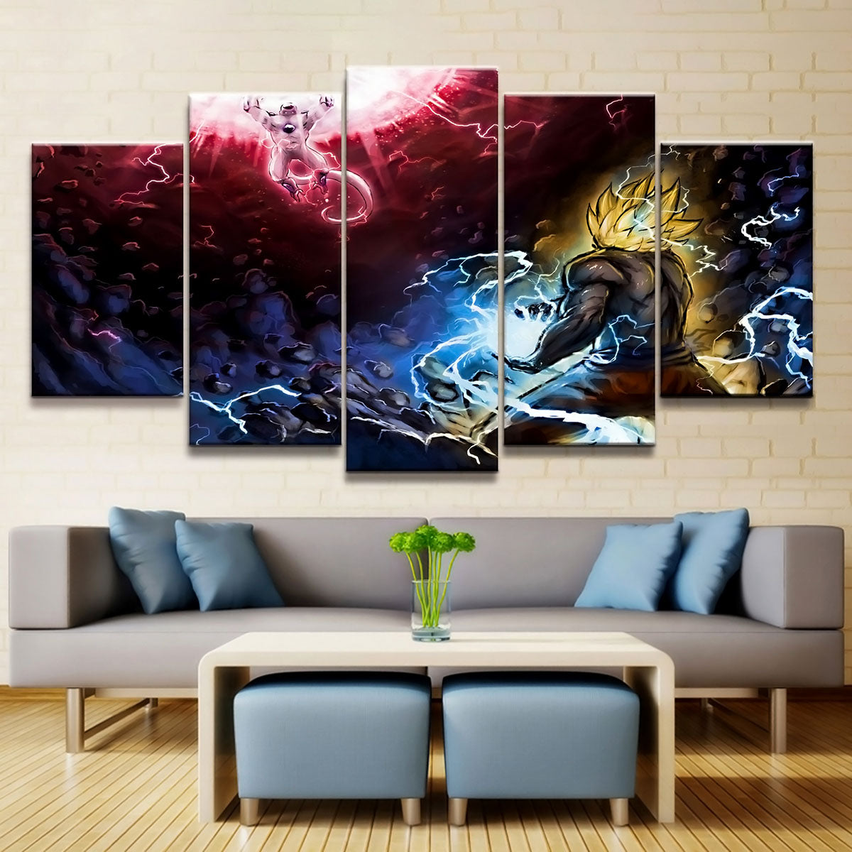 Dragon Ball Z Goku vs Frieza Namek Saga Canvas Wall Art - 5 Piece Split Panel Anime Poster - Framed Ready to Hang Living Room Man Cave Decor - DR5171