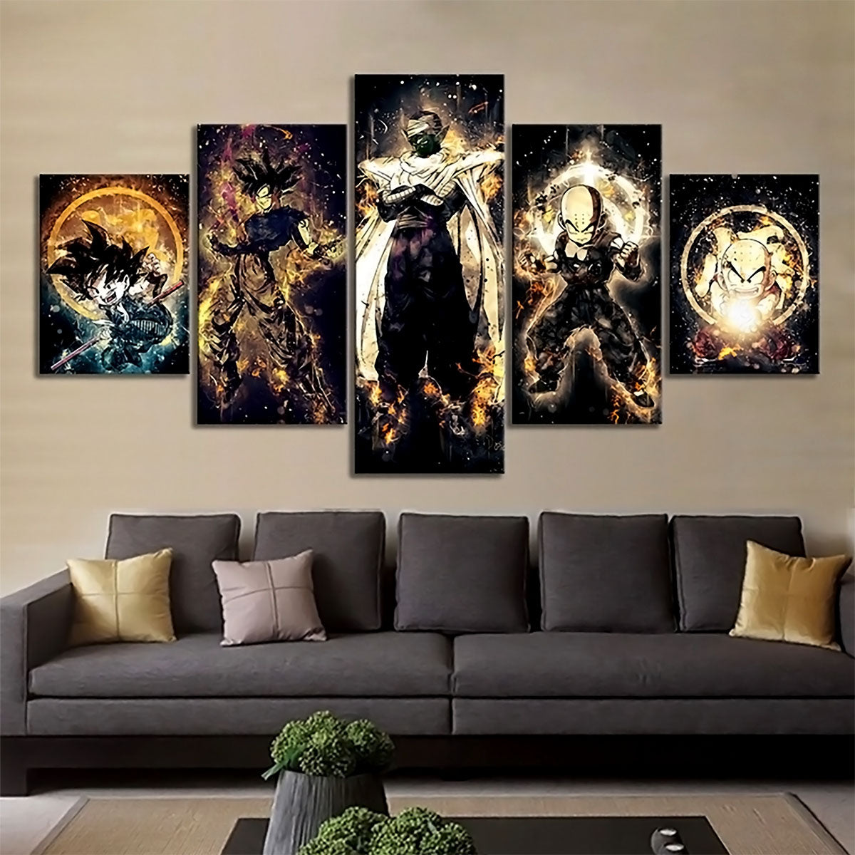 Dragon Ball Z Goku Picolo Krillin Canvas Wall Art - 5 Piece Split Panel Anime Poster - Framed Ready to Hang Living Room Man Cave Decor - DR5185