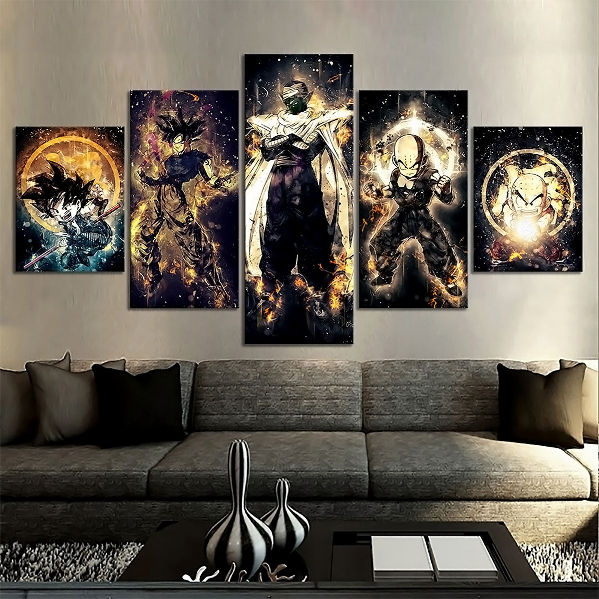 Dragon Ball Z Goku Picolo Krillin Canvas Wall Art - 5 Piece Split Panel Anime Poster - Framed Ready to Hang Living Room Man Cave Decor - DR5185
