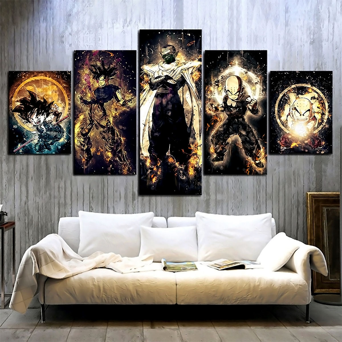 Dragon Ball Z Goku Picolo Krillin Canvas Wall Art - 5 Piece Split Panel Anime Poster - Framed Ready to Hang Living Room Man Cave Decor - DR5185