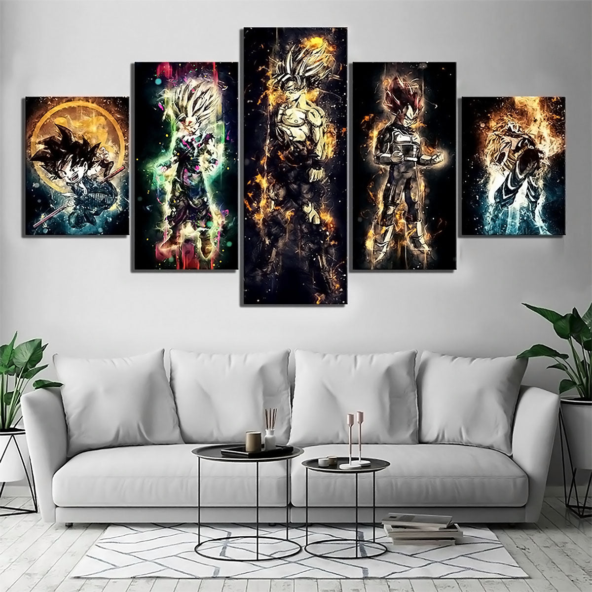 Dragon Ball Z Goku Vegeta Gohan Canvas Wall Art - 5 Piece Split Panel Anime Poster - Framed Ready to Hang Living Room Man Cave Decor - DR5145