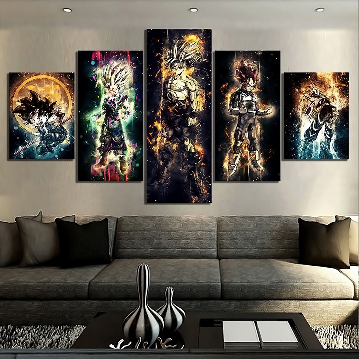 Dragon Ball Z Goku Vegeta Gohan Canvas Wall Art - 5 Piece Split Panel Anime Poster - Framed Ready to Hang Living Room Man Cave Decor - DR5145