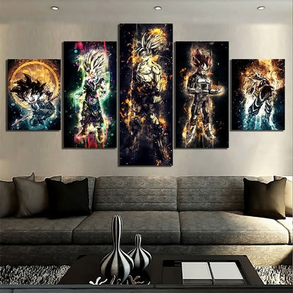 Dragon Ball Z Goku Vegeta Gohan Canvas Wall Art - 5 Piece Split Panel Anime Poster - Framed Ready to Hang Living Room Man Cave Decor - DR5145