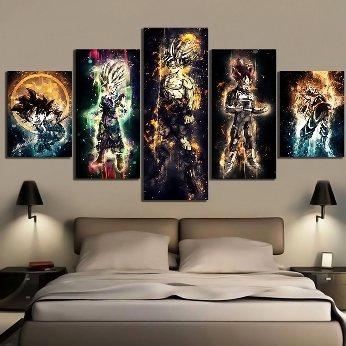 Dragon Ball Z Goku Vegeta Gohan Canvas Wall Art - 5 Piece Split Panel Anime Poster - Framed Ready to Hang Living Room Man Cave Decor - DR5145